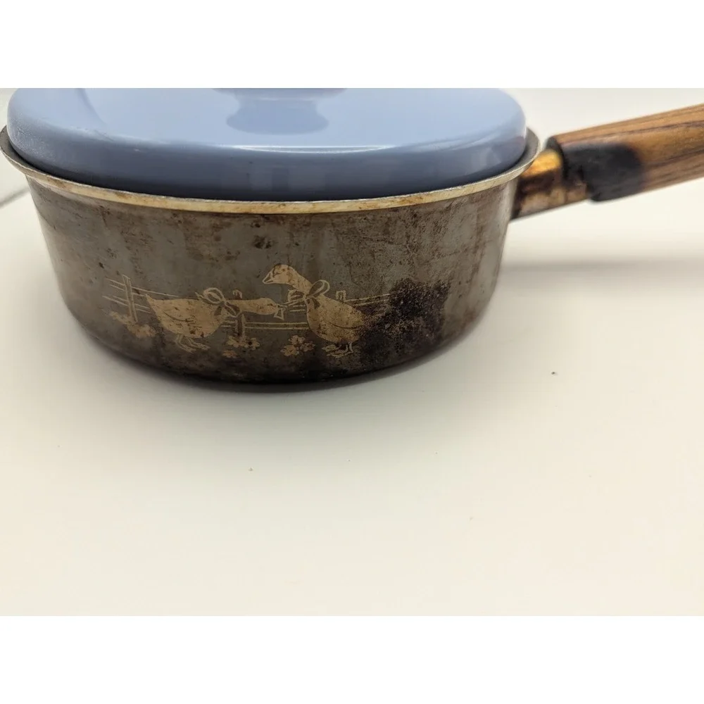 Vintage Mirro Blue‎ Saucepan 1 Qt Wood Handle Country Geese Retro Cookware USA